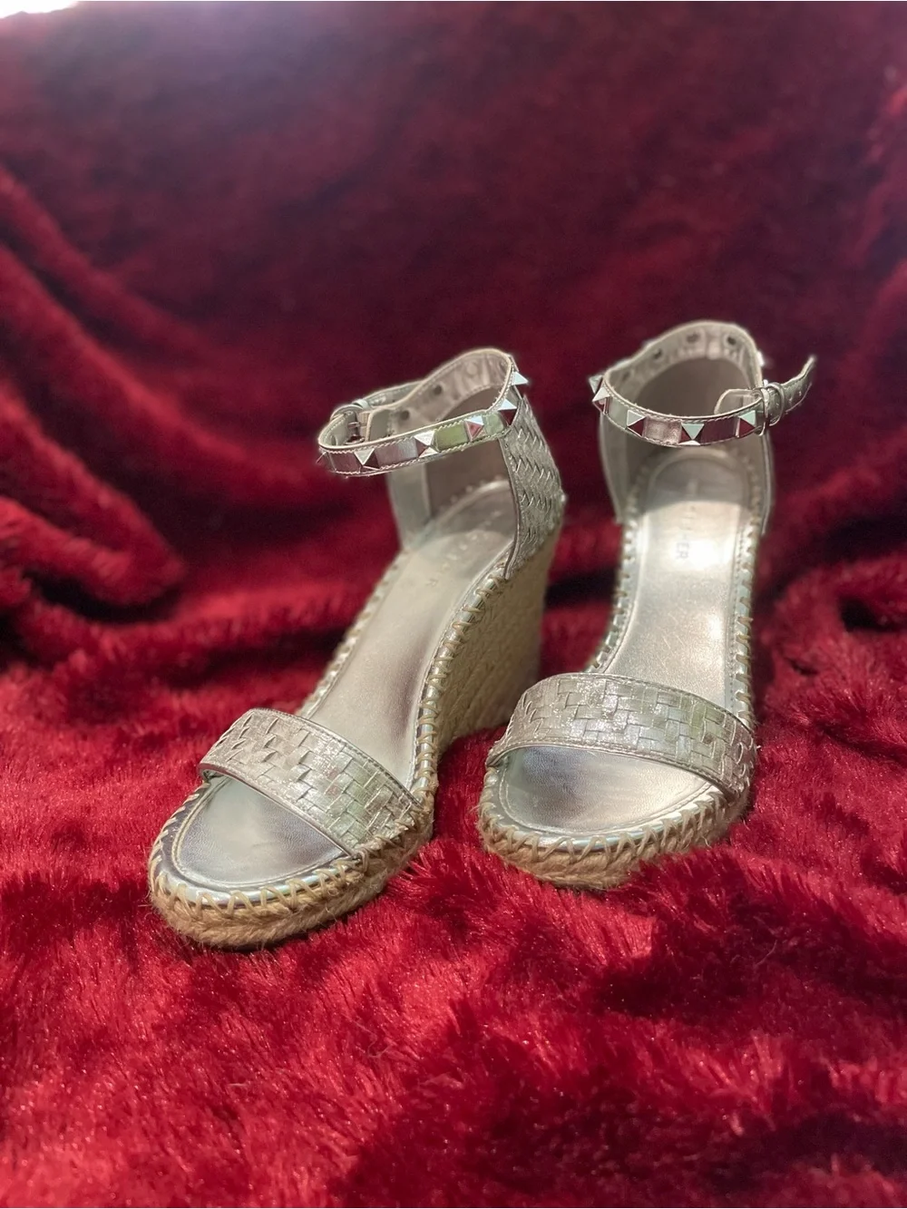 Marc Fisher Metallic Silver Woven Espadrille Wedges with Studded Ankle Straps
